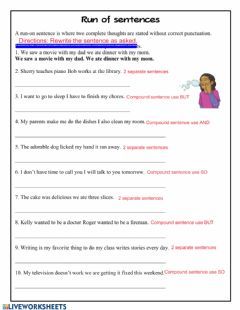 Run-on Sentence Test Review Language: English Grade/level: 5 School subject: English Language Arts (ELA) Main content: Sentence structure Other contents: compound sentences Compound Subject, Incomplete Sentences, Making Sentences, Run On, Words Worksheet, Cvc Words Worksheets, Run On Sentences, Compound Sentences, Types Of Sentences