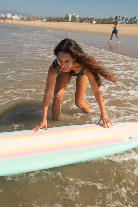 Aqua, pink, yellow retro Wavestorm surfboard. Santa Monica, California group surf paddle out Wavestorm Surfboard, Summer Necessities, Surf Girl, Santa Monica California, Surf Board, Dream Style, Summer Inspiration, Surfer Girl, Retro Modern