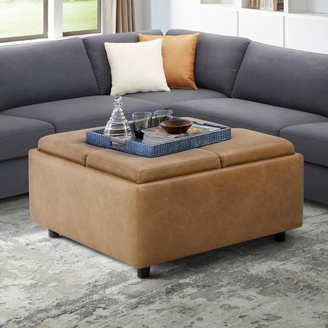 Cole & Rye Modern Faux Leather Storage Display Serving Ottoman - Sam's Club Leather Coffee Table Ottoman Living Room, Tan Leather Storage Ottoman, Living Room Storage Ottoman, Living Room With Ottoman Coffee Table, Coffee Table Ottoman Combo, Ottomans In Living Room, Couch And Ottoman Ideas, Blanket Ottoman, Living Room Ottoman Ideas