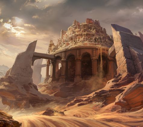 Desert Monastery Fantasy Art, Fantasy Desert Village, Desert Fantasy City, Fantasy Desert City, Steampunk Desert, Desert Dnd, Desert Castle, Desert Kingdom, Desert Ruins