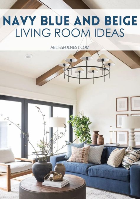 If you want a timeless color scheme for your living room, you can’t go wrong with navy blue and beige! These colors blend beautifully together, offering both warmth and a touch of elegance. Whether you mix in wooden furniture or modern decor, this combo creates a space that’s both stylish and cozy. Let's get decorating! #livingroomgoals #navyandbeigelivingroom #interiorgoals Blue Couch Rug Ideas, Blue Couch Rug, Blue And Beige Living Room, Navy Blue Couch, Beige Living Room Ideas, Living Room Rug Ideas, Navy Blue Couches, Couch Rug, Neutral Living Room Decor