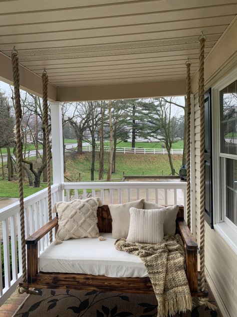 Swinging Bench Front Porch, Cute Porch Swings, Hanging Porch Swings Outdoor, Day Bed Swings Outdoor, Cozy Farm Living Room, Porch Bed Swings Hanging, Houses With Big Porches, Dream Front Porch, Long Porch Ideas