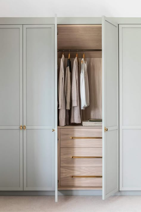 Built In Vanity In Bedroom, Storage Built Ins, Wardrobe Internal Design, Guest Closet, Bedroom Cabinetry, Vanity In Bedroom, Wardrobe Vanity, Brass Paint, Built In Vanity