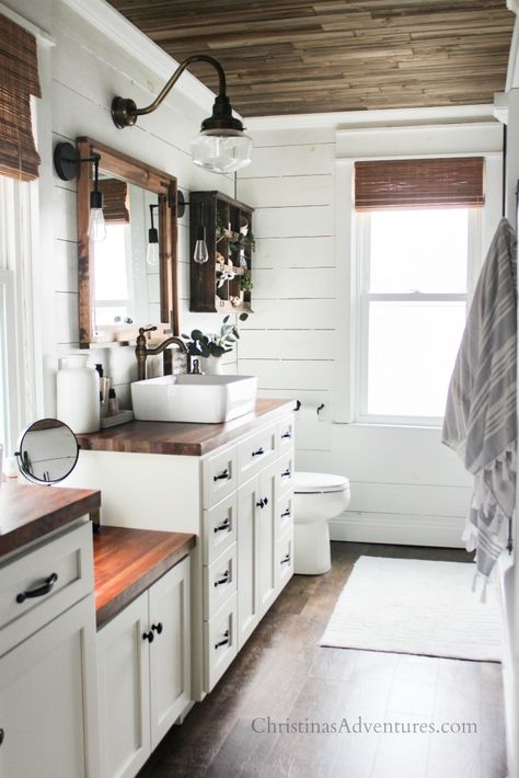 This farmhouse fixer upper bathroom has wood ceiling and white shiplap walls - and texture for days!  You have to see the whole thing - don't miss the brick wall! Baños Shabby Chic, Fixer Upper Bathroom, Farmhouse Fixer Upper, Shiplap Bathroom, Ship Lap, White Shiplap Wall, Small Bedrooms, White Shiplap, Shabby Chic Bathroom