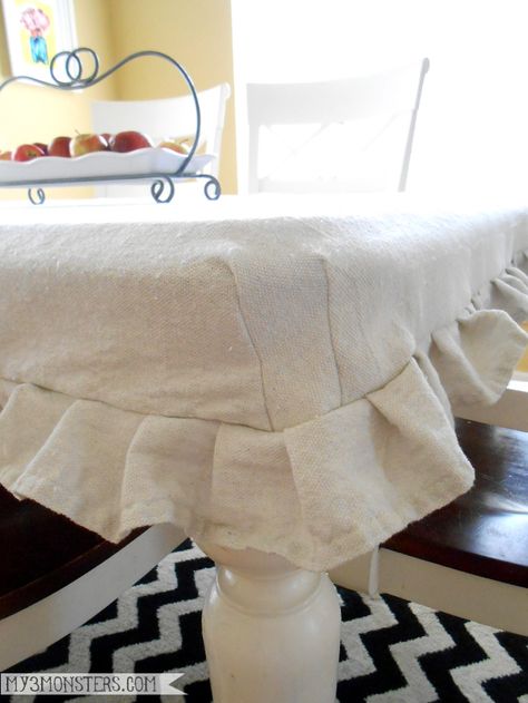 Easy DIY Tailored Tablecloth from a Painter's Drop Cloth at my3monsters.com Painting Drop Cloth, White Tablecloth For Kids Handpronts, Painters Drop Cloth Ideas, Drop Cloth Tablecloth, How To Soften Drop Cloth Fabric, Drop Cloth Slipcover, Ruffled Tablecloth, Diy Tablecloth, Oilcloth Tablecloth