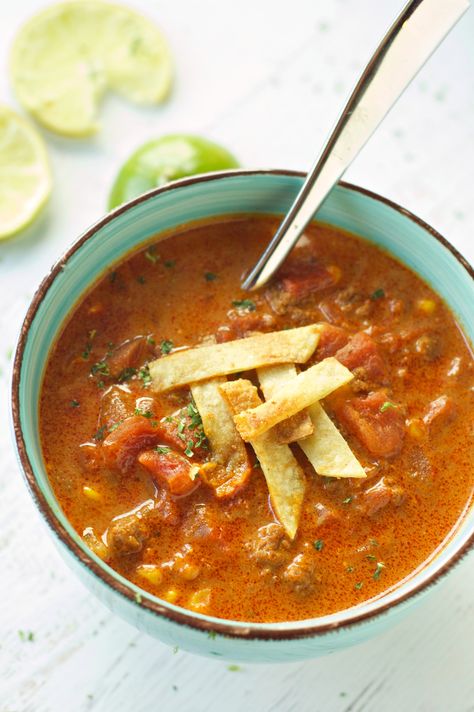 Slow Cooker Beef Enchilada Soup Beef Enchilada Soup, Enchilada Soup Crockpot, Enchilada Soup Recipe, Panini Recipes Chicken, Ground Beef Enchiladas, Beef Enchilada, Chili Soup, Enchilada Soup, Beef Enchiladas