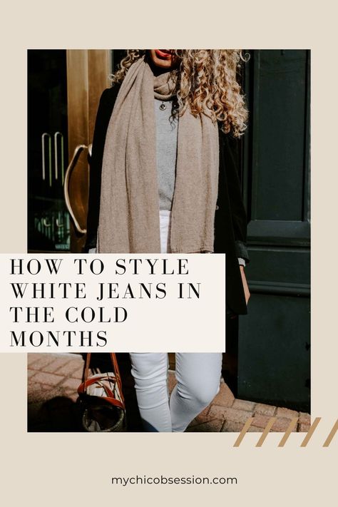 White Jeans Work Outfit Winter, White Cropped Jeans Outfit Fall, Styling White Jeans For Fall, White Jean Autumn Outfit, White Denim Jeans Outfit Winter, White Jeans Winter Outfit Casual, How To Style White Jeans For Fall, How To Style White Jeans Winter, Ivory Jeans Outfit Winter