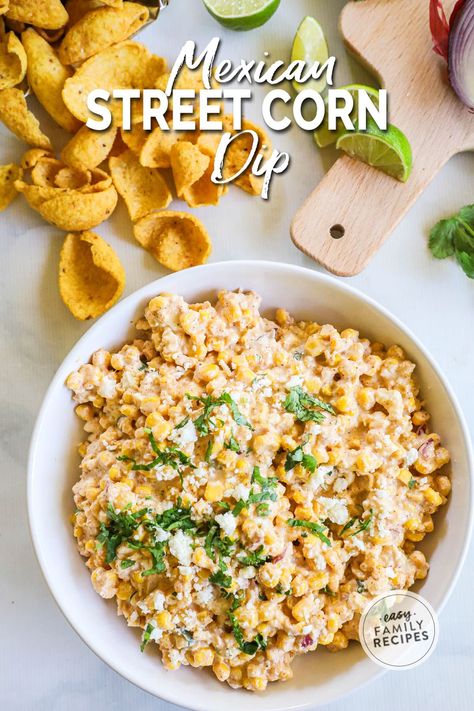 This easy Mexican Street Corn Dip is the BEST party appetizer! This recipe is a quick and easy appetizer built for a crowd, whether hosting a party or hanging with friends for game day. Elote corn dip is easy to make and oh-so-creamy, with the perfect blend of savory and sweet. Your guests will crave more of this delicious spin on traditional street corn! It is the perfect cold corn dip recipe. If you need a fast appetizer recipe for a party, this easy dip is perfect! Spicy Corn Dip Cold, Corn Appetizers For Party, Corn Dip Appetizer, Corn Dips Cold, Homewrecker Corn Dip, Elote Dip Cold, Mexican Corn Dip Cold, Cold Street Corn Dip, Mexican Street Corn Dip Cold