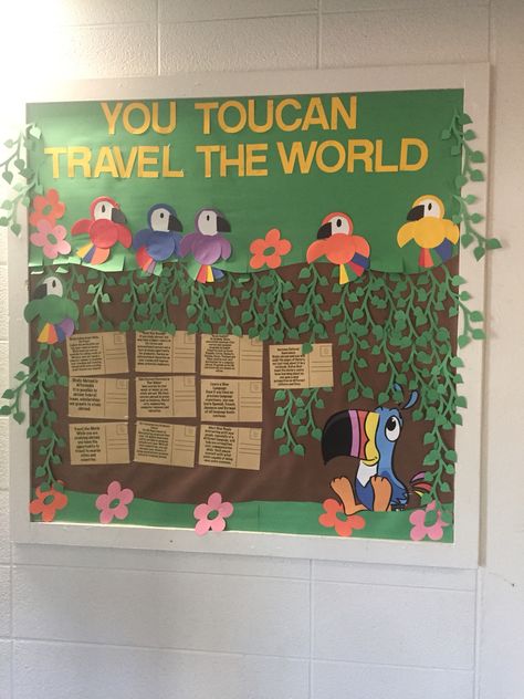 Study abroad bulletin board. Parrot Bulletin Board Ideas, Study Abroad Bulletin Board, Hispanic Heritage Month Bulletin Board, Tropical Classroom, Library Bulletin Board, Ra Boards, Preschool Bulletin, Res Life, America Decor