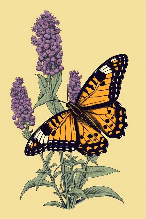 Butterfly bush lavender flower insect. AI generated Image by rawpixel. | free image by rawpixel.com Butterfly Bush Tattoo Flower, Butterfly Bush Tattoo, Butterfly On Lavender, Bush Tattoo, Image Of Butterfly, Animal Markings, Vintage Lavender, Butterfly Bush, Lavender Flower