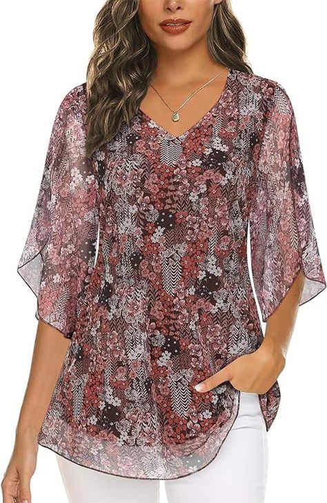 Viracy Plus Size Tops for Women, 3/4 Sleeve Dressy Tops for Evening Wear V Neck Flattering Wedding Guest Clothes Daily Casual Versatile Floral Chiffon Blouses, Khaki-3XL : Amazon.ca: Clothing, Shoes & Accessories Chiffon Tops For Women Floral, Business Casual Tops For Women, Groovy Clothing, Traveling Friends, Groovy Clothes, Flowy Tunic Tops, Business Casual Top, Floral Chiffon Blouse, Flowy Tunic