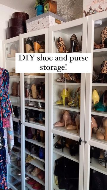 AYANA | RESELLER EDUCATOR on Instagram: "Turned a spare room into a walk in closet and of course has to figure out the most inexpensive way to store my@purses and shoes! @ikea Billy bookcases for the win. I ordered doors as well and changed out the knobs! What do you think? Is it a win? #thriftingdivas" Purse Shoe Closet, Billy Bookcase Shoes, Ikea Billy Shoe Storage, Ikea Purse Storage Ideas, Billy Shoe Storage, Billy Bookcase Shoe Storage, Billy Bookcase With Doors, Garage Shoe Storage, Diy Closet Shelves