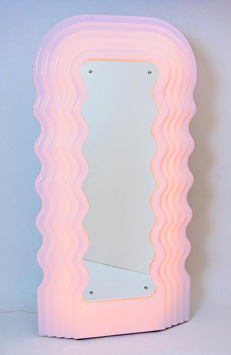 Pink Light Up Mirror, Pink Squiggle Mirror, Pink Wavy Mirror, Pink Things For Room, Danish Pastel Mirror, Pink Mirror Aesthetic, Pastel Interior Design Modern, Pastel House Aesthetic, Kawaii Mirror