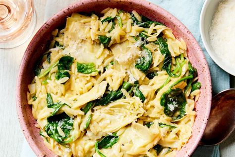 Creamy Spinach Artichoke Orzotto | Kitchn Spinach Artichoke Orzo, Artichoke Orzo, Orzo Pasta Recipes, Rice Ingredients, Orzo Pasta, Creamy Spinach, Spinach Artichoke, Spinach And Cheese, Pasta Noodles