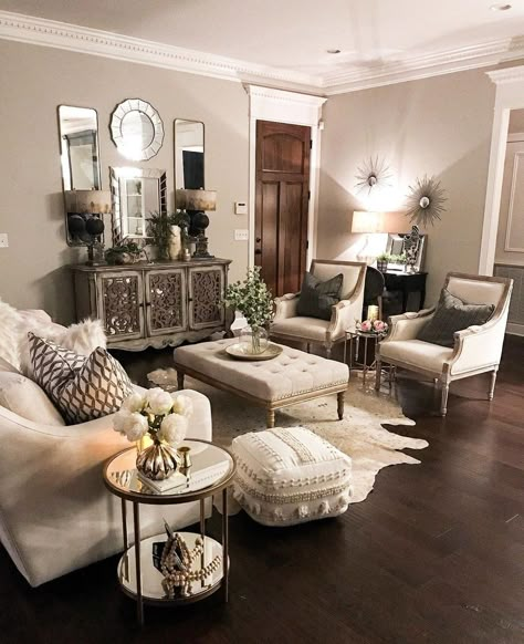 Cozy Parlor Room, Small Living Room Inspo Cozy, Living Room With Extra Sitting Area, Luxury Sitting Room Ideas, Glam Room Seating, Ranch Glam Living Room, Glam Living Room With Brown Leather Sofa, French Country House Interior Ideas, Small Sitting Area Living Room