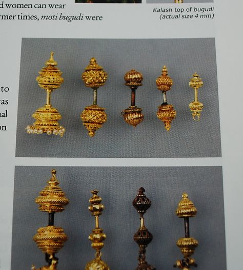 Top-of-ear ornaments, modern, similar to those in 16th century paintings. Traditional Indian Ear Piercing, Bugdi Designs Gold, Traditional Jewelry Maharashtrian, Koppu Designs, Koppu Designs Gold, Bugadi Earrings, Bugdi Earrings Gold, Upper Ear Earrings, Gold Jewelry Simple Necklace