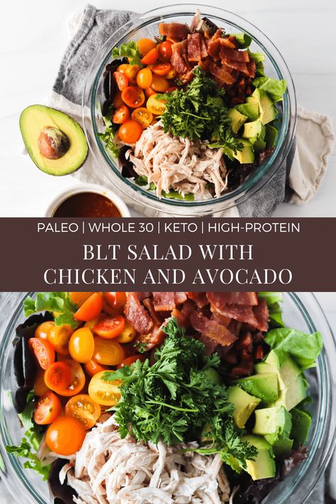 BLT Salad with Chicken and Avocado Macro Friendly Salads, Macro Salad, Salad Recipe With Chicken, Aip Lunch, Blt Salad Recipe, Paleo Salad, Chicken And Avocado, Macro Recipes, Autoimmune Recipes