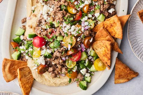 Hummus with Ground Lamb Lamb Hummus, Spicy Hummus Recipe, Loaded Hummus, 2023 Meals, Ground Lamb Recipes, Mediterranean Dinner, Spicy Hummus, Sliced Tomatoes, Whats Gaby Cooking