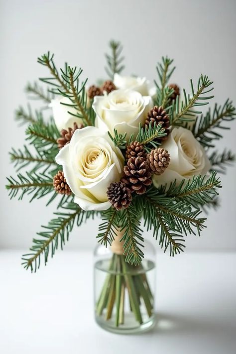 24 Winter Wedding Bouquet Ideas for A Frosty Floral Fantasy Winter Green Bouquet, Winter Bouquet Ideas, Winter White Wedding Flowers, Christmas Flowers Bouquet, Winter Flowers Aesthetic, Christmas Bouquet Ideas, White Winter Flowers, Wedding Bouquets Winter, Small Winter Wedding