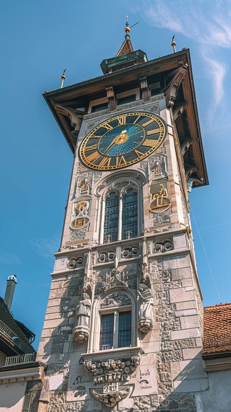 Historic Clock Tower: A stunning historic clock tower stands tall against a blue sky, showcasing intricate architectural details and craftsmanship. #architecture #historic #clock #tower #sky #blue #ornate #craftsmanship #aiart #aiphoto #stockcake https://ayr.app/l/bYnP Gothic Clock Tower, Abandoned Clock Tower, Clock Tower Interior, Clock Tower Aesthetic, Minecraft Clock, Astronomy Tower, Photo Studies, Architecture Tower, Fancy Clock