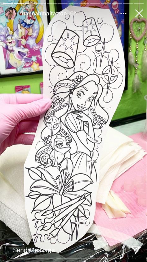 Tangled Sleeve Tattoo, Disney And Flower Tattoo, Repunzal Tangled Tattoos, Neotraditional Disney Tattoo, Disney Characters Tattoos Sleeve, Disney Knee Tattoo, Disney Sleeve Tattoo For Women, Tangled Rapunzel Tattoo, Disney Tattoo Drawings