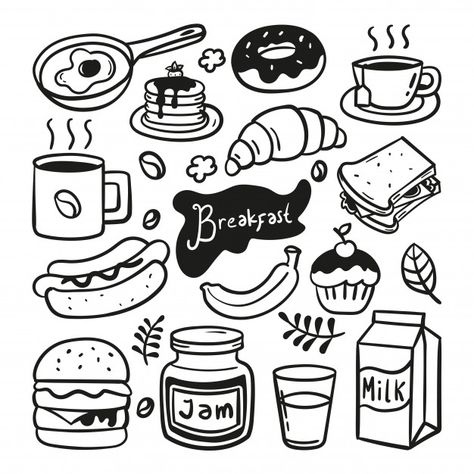 Breakfast Food Doodles, Cute Doodles Food, Breakfast Illustration Food, Food Doodle Art Illustrations, Brunch Doodle, Cereal Doodle, Food Doodles Easy, Doodle Art Food, How To Draw Food