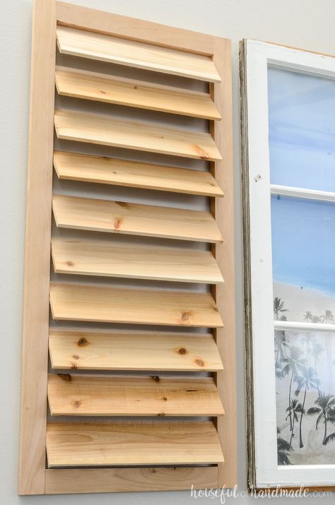 These easy to build shutter decor will add character to any room. Place them next to your windows or even next to a vintage window. Get the complete build plans at Housefulofhandmade.com. | #DIY #buildplans #homedecor #tropicaldecor #shutters #woodworking #diydecor Diy Wooden Window Shutters, How To Make Louvered Shutters, Diy Wood Window Shutters, How To Make Wooden Shutters, Louver Windows Ideas, How To Make Window Shutters, Wooden Window Shutters Exterior, Diy Wooden Blinds, Interior Wooden Shutters