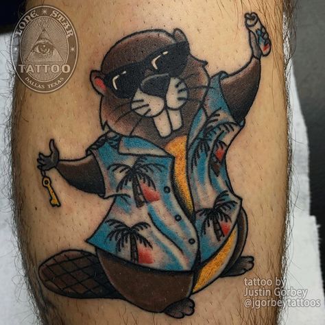 Bring on the party beaver! @jgorbeytattoos took this walk-in idea and transformed it into an awesome piece! Justin is available Monday- Friday so come on through with your ideas and bring them to life! Visit us at www.lonestartattoo.com for more info! Tattoos Back Of Neck, Beaver Tattoo Ideas, Funny Bear Tattoo, Trad Bear Tattoo, Bear Traditional Tattoo Old School, New School Bear Tattoo, Lone Star Tattoo, Beaver Tattoo, Beaver Cartoon