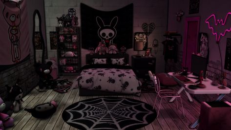 Draculaura Bedroom Aesthetic, Pink Goth Room Aesthetic, Goth Y2k Room, Draculaura Room Aesthetic, Cybergoth Room, Bedroom Ideas Goth, Goth Gamer Room, Pink Grunge Room, Punk Living Room