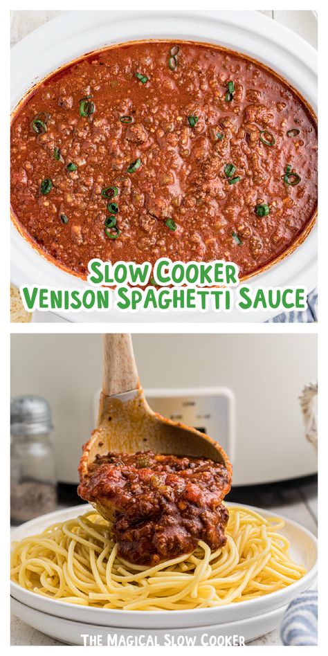 This Slow Cooker Venison Spaghetti Sauce is made with all the classic ingredients of traditional homemade spaghetti sauce with the exception of adding ground venison and shredded carrots. Pair this delicious recipe for meat sauce with spaghetti noodles and a side of garlic bread for a tasty meal the whole family will enjoy. - The Magical Slow Cooker Venison Spaghetti, Venison Recipes Crockpot, Slow Cooker Venison, Elk Recipes, Venison Meat, Magical Slow Cooker, Crockpot Spaghetti, Italian Seasonings, Deer Recipes