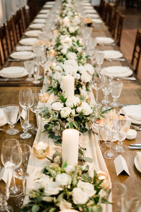 Garden Wedding Long Table, Center Piece Wedding Long Table, Table Decorations White And Green, Rectangular Table Florals Wedding, Wedding Party Table Flowers, Sage And White Wedding Table Decor, Wedding Table Decor Rectangle, Rectangle Reception Tables Centerpieces, Wedding Tablescapes Long Romantic