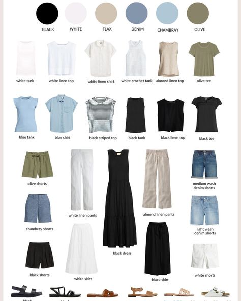 Leanne Blackmon | My Minimalist Casual Summer 2024 Capsule Wardrobe ☀️ The colors are black, white, flax, denim, chambray and olive. I included styles that… | Instagram Summer Minimal Outfit, Minimalism Clothes, City Break Outfit, French Minimalist, Cute Hiking Outfit, Capsule Wardrobe Casual, Capsule Wardrobe Minimalist, Neutral Capsule Wardrobe, Spring Summer Capsule Wardrobe