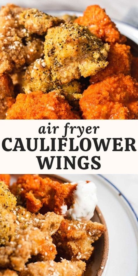 Sesame Garlic Sauce, Air Fryer Cauliflower Wings, Air Fryer Buffalo Cauliflower, Air Fryer Cauliflower, Pepper Seasoning, Cauliflower Wings, Lemon Pepper Seasoning, Buffalo Cauliflower, Buffalo Sauce