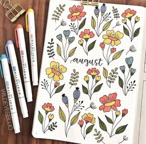 Monthly Bullet Journal Ideas, August Bullet Journal, Monthly Bullet Journal, Bullet Journal August, Weekly Log, Bullet Journal Set Up, Bullet Journal Spreads, Floral Doodle, Bullet Journal Ideas