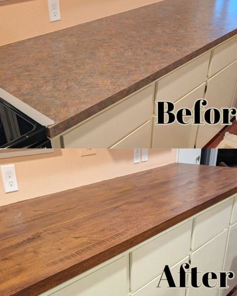 How To Upgrade Laminate Countertops, Vinyl Covered Kitchen Counters, Cover Countertops With Wood, Old Kitchen Countertop Makeover, Renter Friendly Countertop Makeover, Wood Vinyl Countertops, Redone Countertops, Change Countertop Color, Temporary Countertop Cover