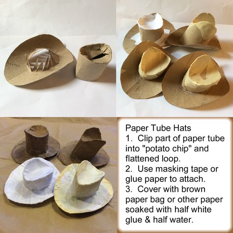 Decided to try the toilet-paper-tube cowboy hats we found on the internet.  Experimented with the brown-paper-bag faux leather rather than paint.  Time-consuming but engaging. Cowboy Hat Template, Paper Cowboy Hat, Gnome Clothes, Cowboy Hat Diy, Diy Pet Costumes, Cowboy Hat Crafts, Pioneer Crafts, Cowboy Crafts, Rodeo Party