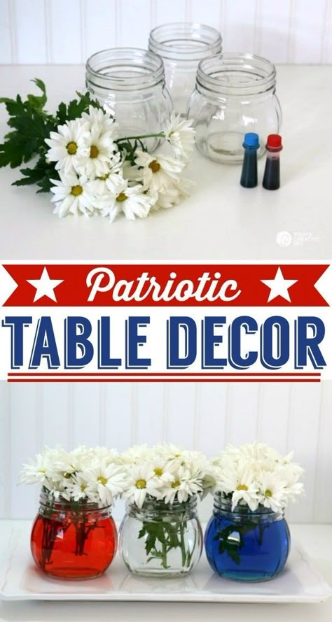 Easy Patriotic Table Decor | 4th of July table decoration | Red, White and Blue | See more creative ideas on TodaysCreativeLife.com Patriotic Table Decor, Easy Table, Usa Party, Fourth Of July Food, Fourth Of July Decor, Crafts Easy, 4th Of July Celebration, Patriotic Party, Diy Spring