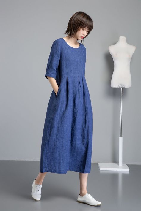 69d658d0b2859e32cd4dc3b970c8496cdesc40703255ri Linen Caftan, Blue Linen Dress, Sukienki Plus Size, Gaun Fashion, Dress Asymmetrical, Long Linen Dress, Linen Fashion, Dress For Summer, Dress Linen