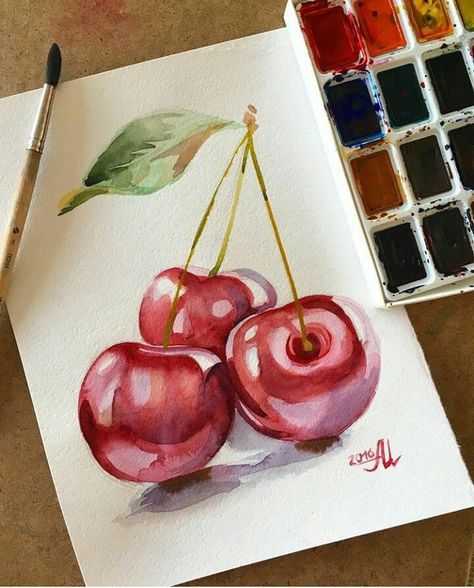 Cherries Painting, Fruit Artwork, Painting Fruit, Artwork Watercolor, Watercolor Food, Watercolor Fruit, Watercolour Inspiration, Red Colour, Canvas Art Painting