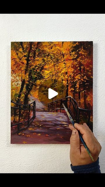 Hamlet Shougrakpam on Instagram: "Beautiful "Bridge in Autumn" Landscape Painting 🌉🍁🍂🌳⛅/Acrylic on paper 🖌️ #easy #beautiful #landscape #painting #acrylicpainting #acrylic #art #paper #autumn #bridge #road #forest #cloudy #peaceful #chill" Forest Landscape Painting, Road Painting, Landscape Painting Tutorial, Nature Art Drawings, Acrylic Landscape, Park Landscape, Autumn Park, Landscape Paintings Acrylic, Lake Landscape