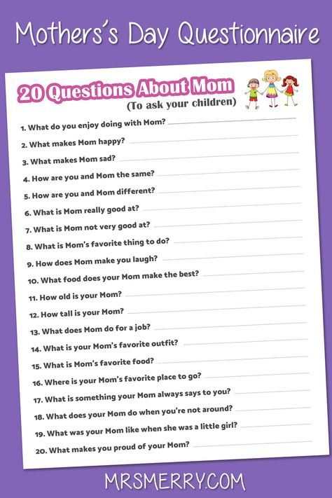 Looking for a simple and easy gift for Mom? Our all about Mom questionnaire features 20 different questions to answer about Mom. Expect heartwarming but hilarious answers. A fun activity for kids to do for a Mother's Day gift. Free kids printables, all the time. Mom Quiz, Kid Printables, Life Planner Printables, Mother's Day Printables, Games For Moms, All About Mom, Mother's Day Activities, Birthday Presents For Mom, Funny Questions