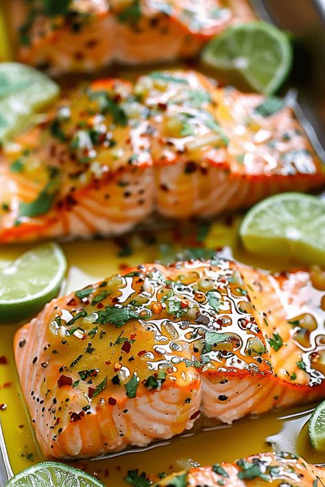 Flaky Salmon Recipes, Baked Honey Lime Salmon, Baked Salmon Marinade Recipes, Honey Lime Salmon Recipes, Cherry Glazed Salmon, Herb Roasted Salmon, Honey Garlic Lime Salmon, Fresh Salmon Recipes Baked, Citrus Baked Salmon