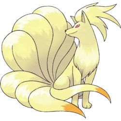 Ninetales, the Fox Pokémon. This fox-like, quadruped Pokémon is covered with a thick, luxurious golden-white fur. It has nine, long tails, each of which is tipped with pale orange. There is a fluffy crest atop its head, and a small mane around its neck. Ninetales has gleaming red eyes that are said to give it the ability to control minds. Its ears are pointed, and it has long, slender legs with three-toed paws. Nine Tails Pokemon, All 151 Pokemon, Ninetales Pokemon, Pokemon Ninetales, Pokemon Fire Red, Pokemon Website, Original 151 Pokemon, Original 151, Fire Type Pokémon