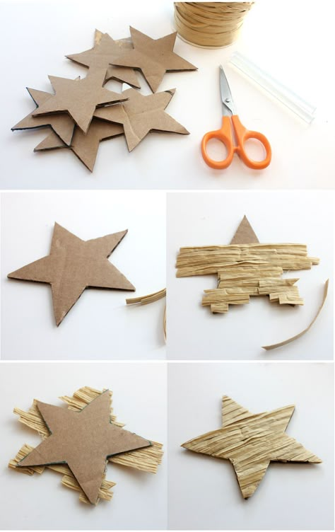 A Crafty Arab: 99 Creative Star Projects. Textured Star Ornaments. I love making quick and easy ornaments to help decorate the tree. My kids and I love stars, so I thought I’d make a handful of textured stars in white and glittery gold for the tree. What you need: 1. Cardboard and Scissors 2. Paint and Paint Brush 3. Hot Glue Gun 4. Kraft Ribbon What you do: 1. Cut out a bunch of stars from a piece of cardboard. Star Ornaments, Wooden Stars, Easy Christmas Crafts, Handmade Christmas Decorations, Christmas Ornaments Homemade, Noel Christmas, Star Ornament, Xmas Crafts, Homemade Christmas