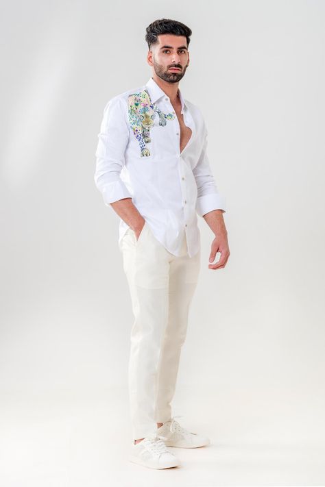 Buy Amrit Dawani White Cotton Leapard Motif Hand Painted Shirt Online | Aza Fashions Hand Painted Shirts For Men, Casual Shirt Look, Embroidery Shirt Men, Painted Shirt, Fabric Paint Shirt, Boys Kurta Design, Formal Dresses For Men, Paint Shirts, Indian Men Fashion