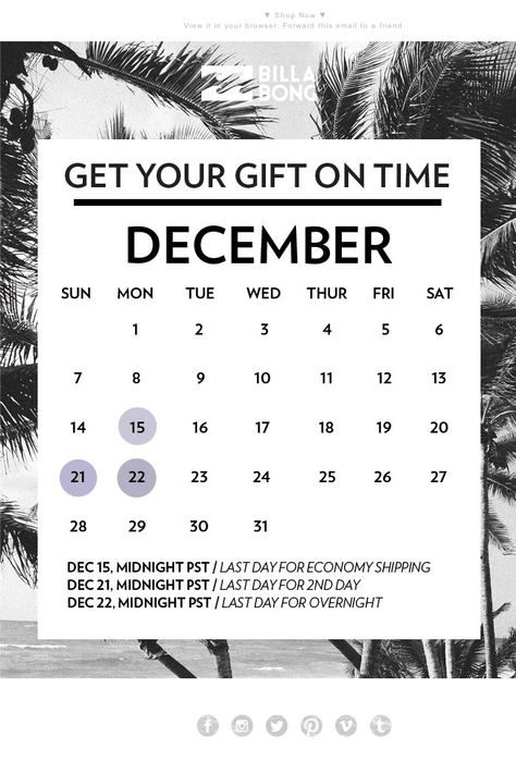 BILLABONG: A letter with a calendar. Here are different delivery ways and deadlines. // BILLABONG: Billabong разослали письмо с календарём, в котором напомнили о разных типах доставки и указали дедлайны. #EMAILMATRIX #emailmarketing #holidayemail Pepper Ideas, Email Marketing Design Layout, Holiday Email Campaigns, Black Friday Email Design, Black Friday Email, Black Friday Marketing, Black Friday Campaign, Edm Design, Newsletter Examples