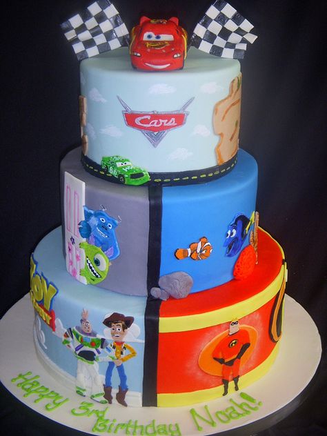 Wow! #birthday #cake #Disney #Pixar #Cars #MonstersInc #Nemo #ToyStory #Incredibles Pool Cake, Disney Birthday Cakes, Tiered Cake, Gateaux Cake, Birthday Cakes For Men, Character Cakes, Disney Cakes, Pixar Cars, Cakes For Boys