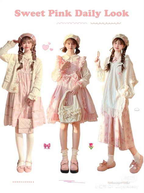 Japan Cute Outfit, Japanese Cute Outfits, Mori Style Outfits, Pale Pink Outfit, Otome Fashion, Kawaii Outfit Ideas, Mori Fashion, Old Fashion Dresses, Kawaii Fashion Outfits