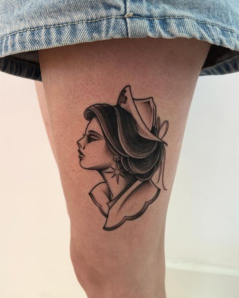 Trad inspired nurse for Sophie today, to celebrate her graduating nursing school! 🎉 Thanks for making the trip ❤️ Nurse Portrait Tattoo, Traditional Nurse Tattoo, Graduating Nursing School, Nursing Tattoos, Nurse Tattoo Ideas, Stethoscope Tattoo, Joy Tattoo, Grandma Tattoo, Nurse Tattoo