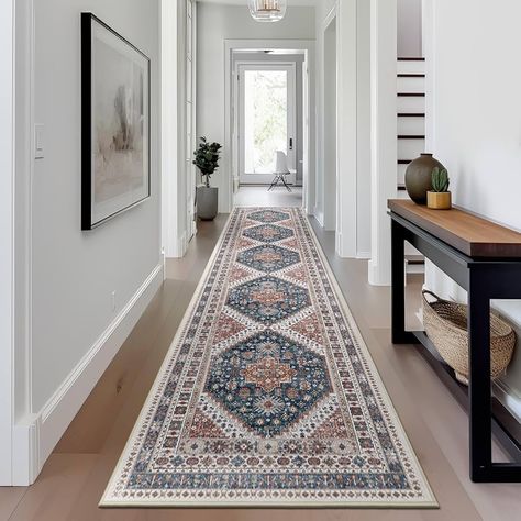 Hallway Runner Rug 2x12, Extra Long Washable Runner Rugs with Rubber Backing, Non Slip Runner, Vintage Rug Runners for Kitchen Laundry Room Entryway (Blue,2'x12') Long Hallway Runners, Hallway Runner Rug Entryway, Laundry Room Entryway, Runner Rug Bedroom, Long Hallway Runner, Safe Kitchen, Washable Runner Rug, Runner Rug Entryway, Floor Runners